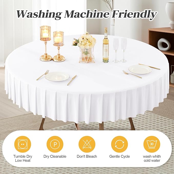 2 Pack White Spandex Round Tablecloths for 60 inch Tables, Stretchy Fitted 5FT Round Table Cloths, Wrinkle Free Table Cover with Skirt for Wedding Party Dining Banquet Baby Shower