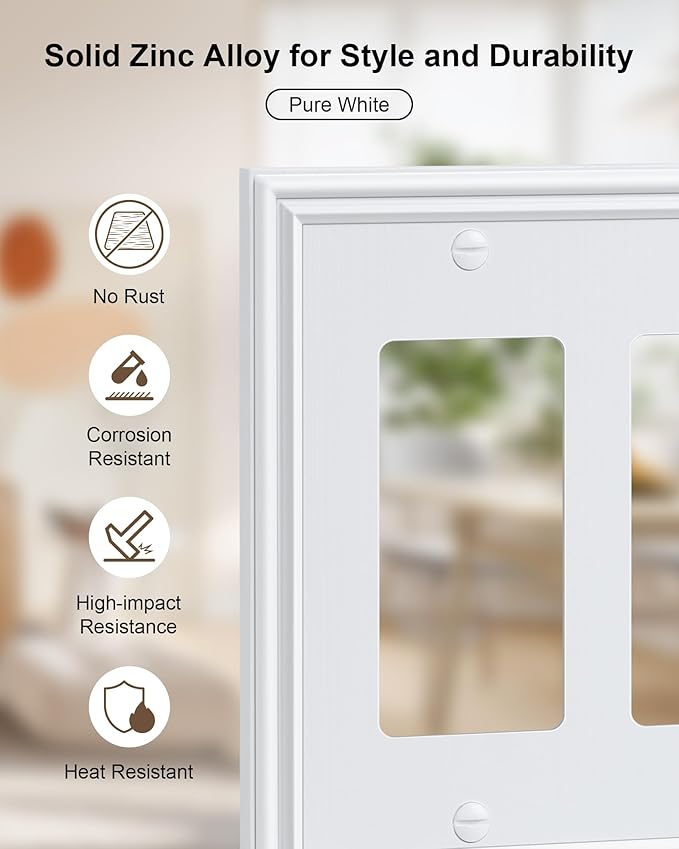 2-Pack Decorative Tripple Decorator Outlet Cover Plate, Durable Zinc Alloy Pure White Wall Plates for Electrical Outlets, Receptacle, GFCI Outlet, Dimmer Switch, 3-Gang, Corrosion Resistant