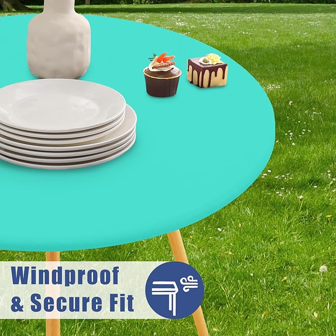 Round Spandex Tablecloth, Elastic Fitted Waterproof Tablecloths for 57"-68" Tables, Stretch Washable Picnic Table Cover for Camping, Dining, Indoor and Outdoor,Aqua Blue