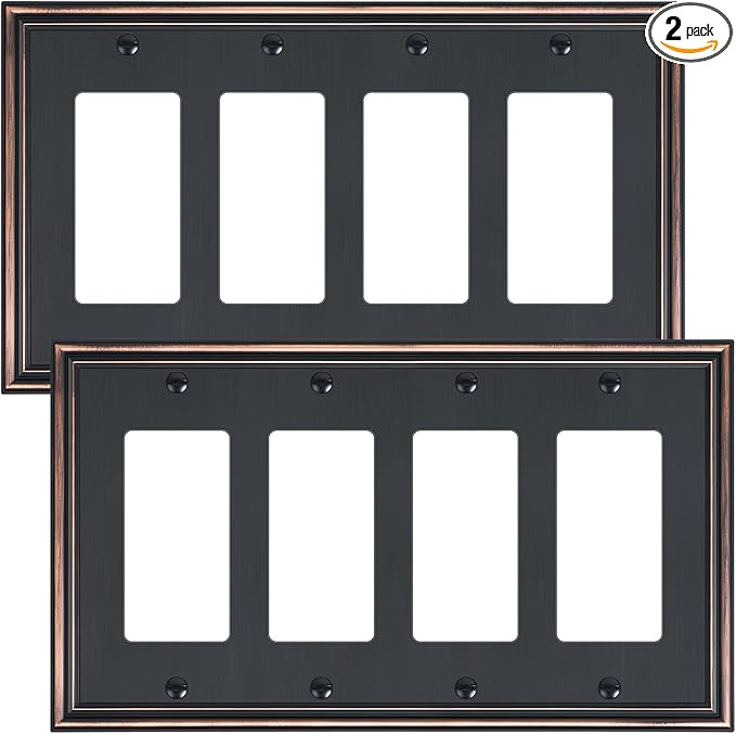 2-Pack Quad Decorator Outlet Cover Plate, Zinc Alloy Decorative Aged Bronze Switch Plates and Outlet Covers, 4 Gang Wall Plates for Electrical Outlets, Receptacle, GFCI Outlet, Dimmer Switch