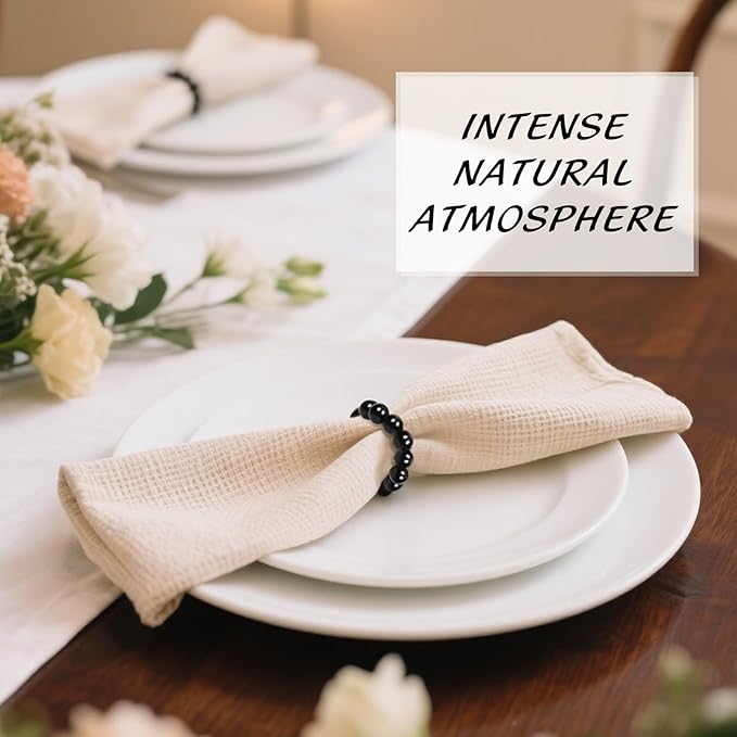 Napkin Rings Set of 12，Farmhouse Stretchable Wooden Bead Reusable Cloth Napkin Holders for Wedding, Christmas, Graduation & Dinner Parties Black Napkin Ring (12)
