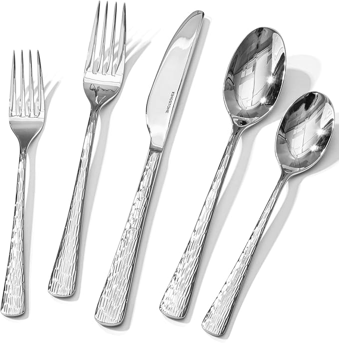KINGSTONE Hammered Silverware Set, 20-Piece Flatware Set, 18/10 Stainless Steel Premium Cutlery with Unique Ripple Handles Design Mirror Polished - Dishwasher Safe