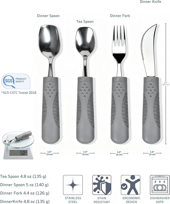 5 oz Weighted Adaptive Utensils Set with Rocker Knife - Balanced Weighted Silverware for Parkinson's Disease, Moderate Hand Tremors & Essential Tremor, Ergonomic Grip Handles (Grey)