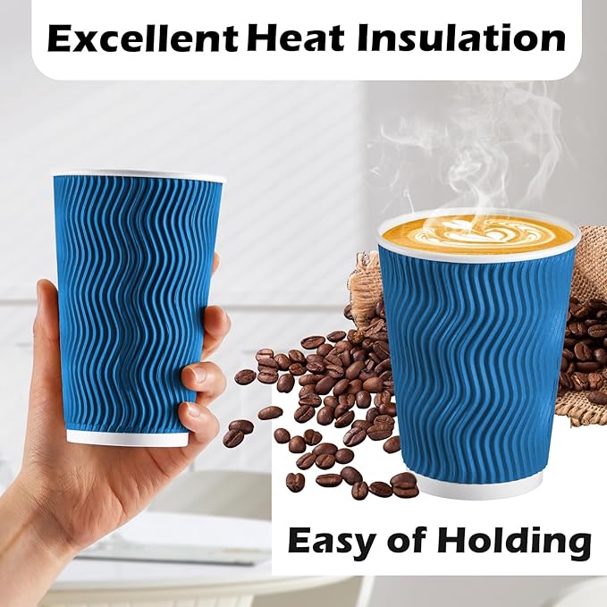 Lamosi 500 Count 8 oz Insulated Coffee Cups Bulk, Disposable Paper Cups No Lids 8oz, Corrugated Ripple Wall Design for Hot Beverage (Navy)