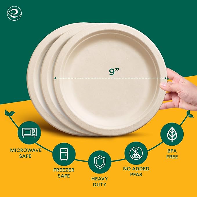 ECO SOUL Compostable 9 Inch(400-Pack) Biodegradable Heavy-Duty Disposable Eco-Friendly Paper Plates for Dinner & Parties, Wedding, Event