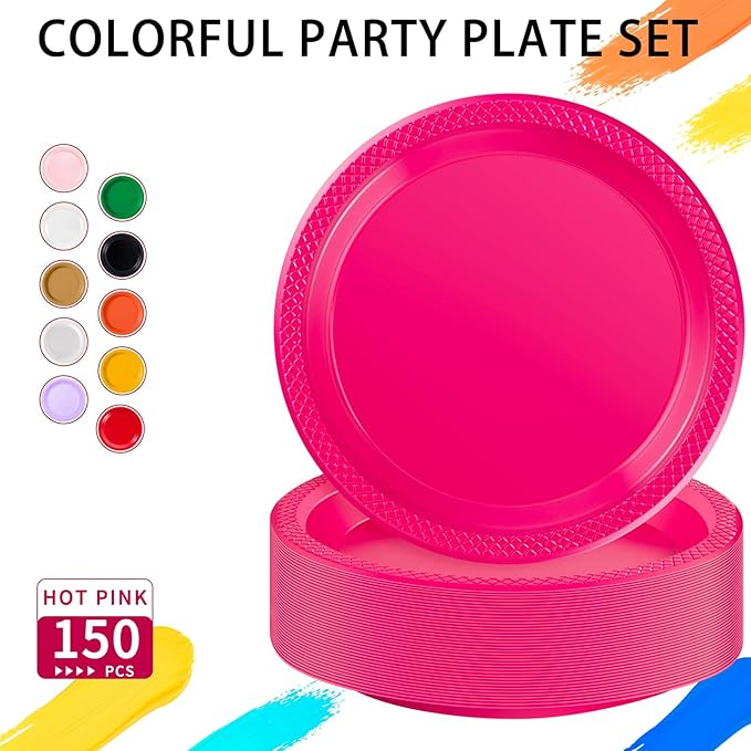 WELLIFE Hot Pink Party Plates 7 Inch -150 Count, Plastic Disposable Dessert Plates for Party Valentine's Day Cake Appetizers Salad Baby Shower Wedding