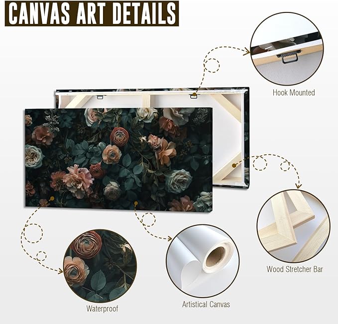 ADJUVANT Wall Art Floral 48"L x 24"W, Dark Hued Vintage Flowers With Lush Foliage Canvas Painting Elegant Blooms Artwork Retro Garden Prints Floral Wall Decor for Living Room Bedroom Study Home Office