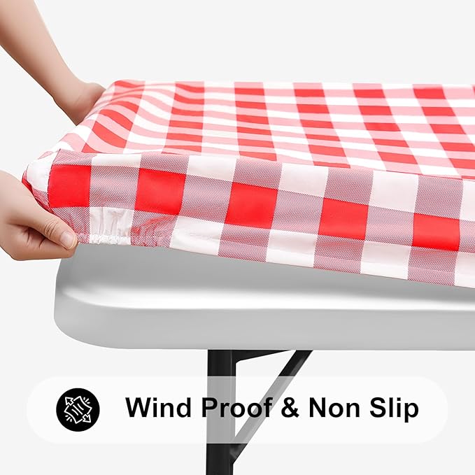 Smiry Rectangle Picnic Table Cloth, Elastic Waterproof Fitted Vinyl Tablecloths, Flannel Backed Buffalo Plaid Table Covers for Dining, Camping, Outdoor (White and Red, 36" x 48")