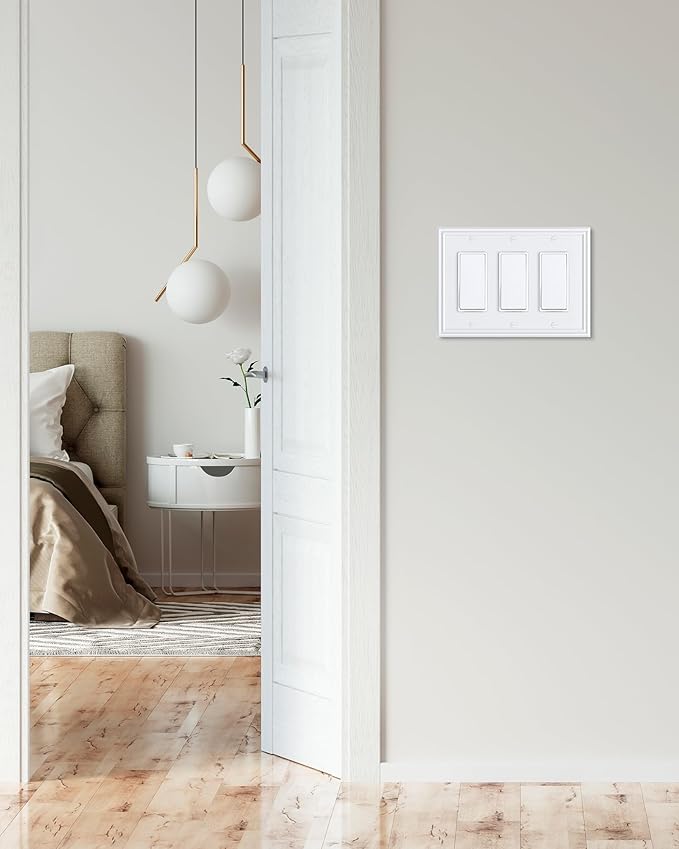 2-Pack Decorative Tripple Decorator Outlet Cover Plate, Durable Zinc Alloy Pure White Wall Plates for Electrical Outlets, Receptacle, GFCI Outlet, Dimmer Switch, 3-Gang, Corrosion Resistant