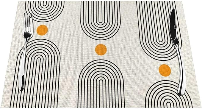 Boho Placemats 12x18 Inches Set of 4,Mid Century Black Orange Art Line Decorative Rectangle Bohemian Modern Abstract Table Mats for Party, Home Kitchen,Dining Table Decoration