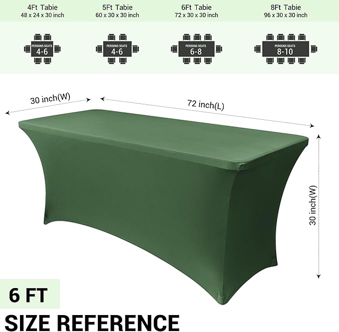 Obstal 6 Pack Stretch Spandex Blackish Green Table Covers for 6 Foot Tables - 6 FT Universal Rectangular Fitted Tablecloth Protector for Wedding, Banquet, Party