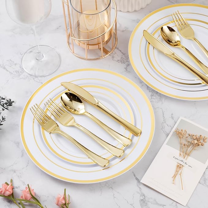 BESTVIP 300PCS Gold Plastic Plate Set (50 Guests), Plastic Plates for Party Wedding Birthday, Disposable Dinnerware Set of 100 Plates, 100 Forks, 50 Spoons, 50 Knives for Christmas