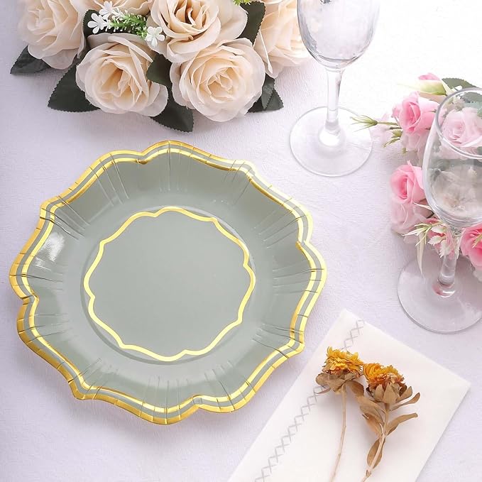 50 Pack 8" Sage Green/Gold Scallop Rim Dessert Plates, Disposable Round Paper Appetizer Salad Plates 300 GSM for Party Decoration
