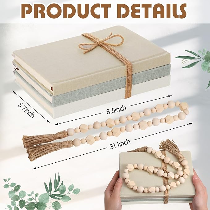 3 Pieces Faux Decorative Books Set for Home Decor Fake Book for Shelves Coffee Table Stacked Linen Covered Display Notebook with Wood Bead Bookend Gift for Living Room(Fresh Color)