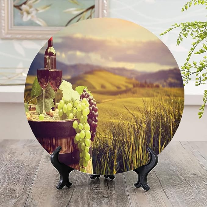 Decorative Plates, Wine Print Ornament, Italy Tuscany Landscape Rural Vineyard, 8 Inch, 1 Plate with 1 Display Stand, Green Black Brown