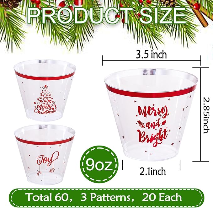 I00000 60PCS Christmas Red Plastic Cups Christmas Disposable Cups 9 Oz Plastic Holiday Cup Wine Glasses Red Rim Clear Cocktail Cups Tumblers Clear Drinking Glasses for Xmas Parties