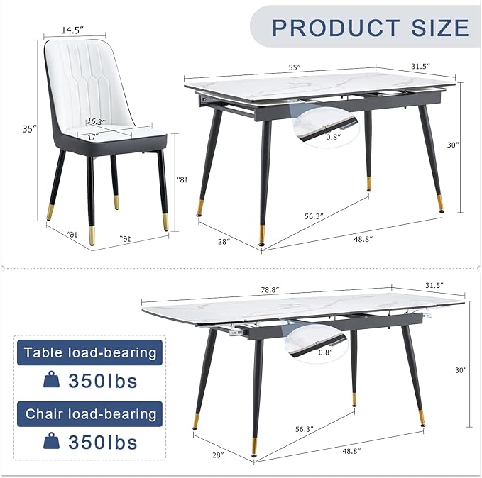 Extendable Dining Table Set for 6, 55'' to 78.8'' Rectangular Thickened Sintered Stone Kitchen Table with 6 Upholstered Chairs, Modern Space Saving 7-Piece Dinner Table Set