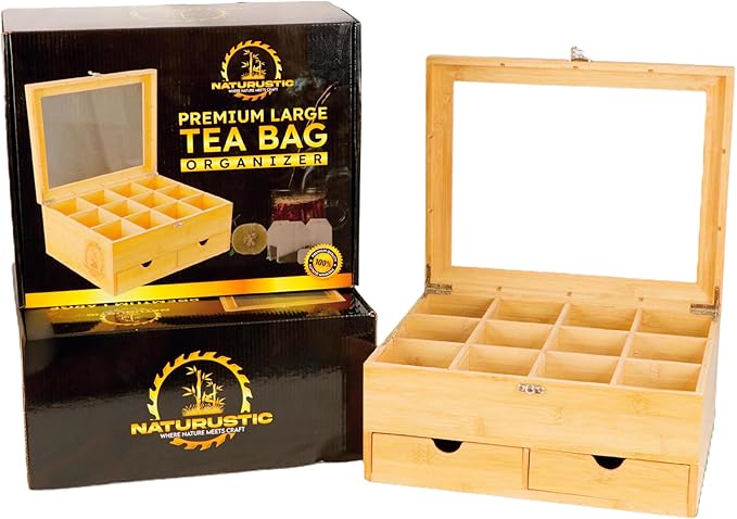 Naturustic Large Bamboo Tea Bag Box Organizer Storage Box, Tea Bag Holder with 2 Drawers & 12 compartments with acrylic Window, Caja de te, Caddy para te Ideal Christmas Gifts