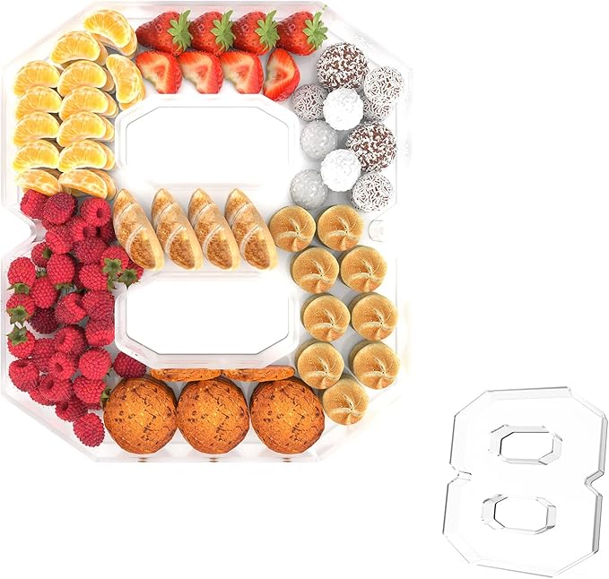 13.8" Acrylic Number Charcuterie Tray, Fillable Number Charcuterie Box for Food, Reusable Serving Cake Candy Dish Display Tray for Birthday Anniversary Party Decoration (Square Number 8)