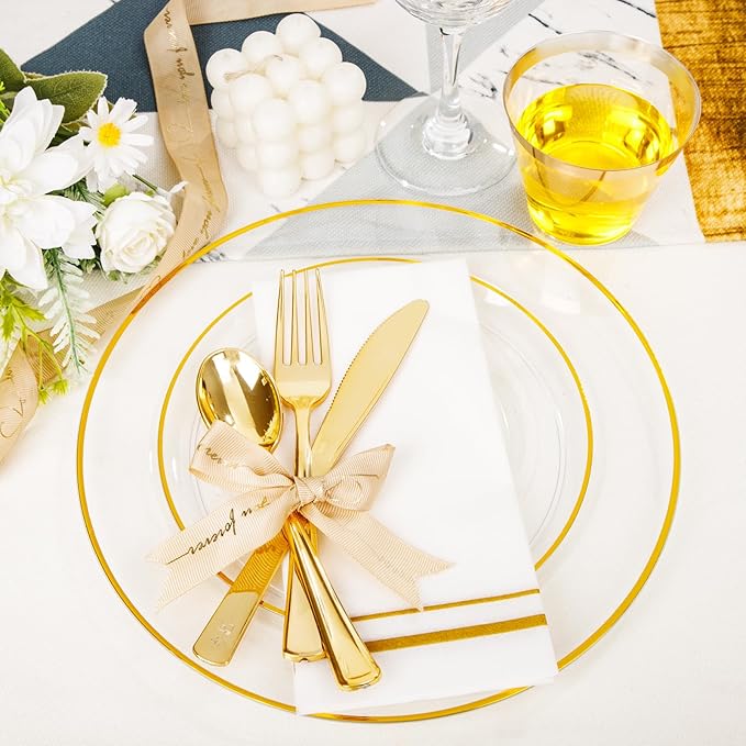 SUT 700Pcs Plastic Dinnerware Set for 100 Guests, Clear and Gold Plastic Plates, Disposable Plates and Napkins Party Supplies, Gold Silverware, Plates, Cups and Napkins Sets for Party Weddings