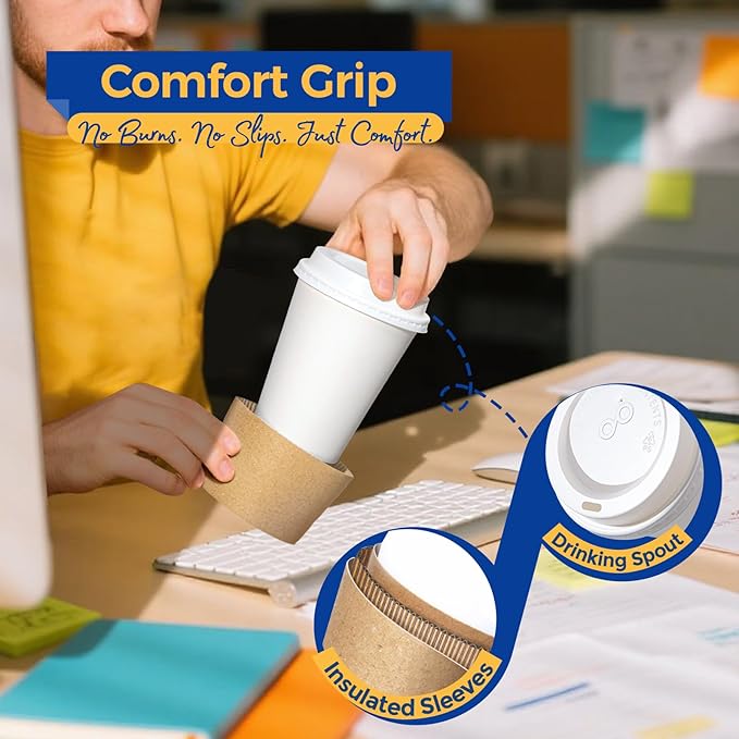 Fit Meal Prep 500 Pack 12 oz Disposable Coffee Cups with Lids, Sleeves, Leak-Proof To Go Coffee Cups with Lids, Durable Hot Paper Cups for Hot Cocoa and Coffee Bar Supplies