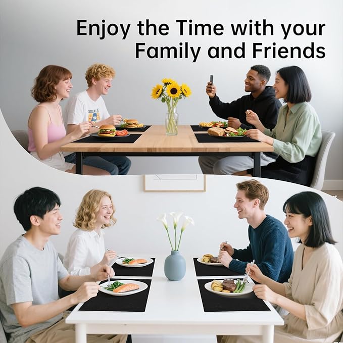 Blue Forest Placemats Set of 8, Dual-Layered Thickened Faux Linen Table Mats Heat Resistant Machine Washable Wrinkle Free Place Mats for Kitchen Dining Outdoor/Indoor (Black)