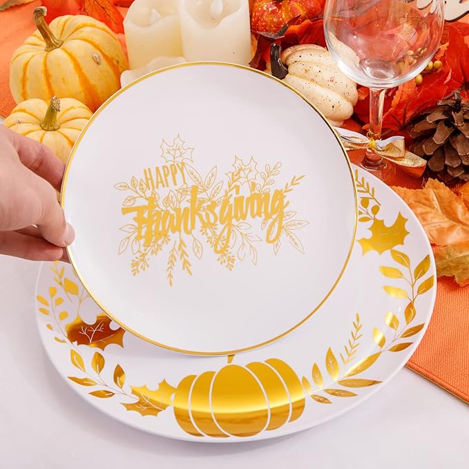 Ciaell 125PCS Thanksgiving Plastic Plates - Fall Pumpkin Disposable Plates White and Gold Heavy Duty Dinnerware Set include 25Dinner Plate, 25Desset Plate, 25Knives, 25Forks, 25Spoons for Thanksgiving
