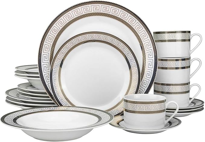 Euro Porcelain 57-pc Banquet Dinnerware Set, Luxury Tableware Dining Service for 8 (Greek Key Dark)