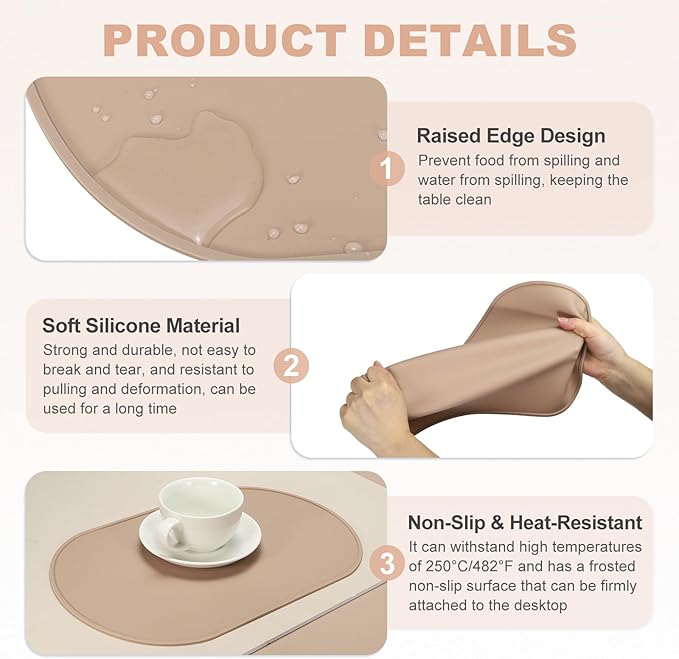 uxcell 4 Pcs Oval Silicone Placemat, 15.4" x 10.4" Non-Slip Washable Table Placemats Heat Resistant Waterproof Mat with High Edge for Table Kitchen Desk Protection, Brown Red