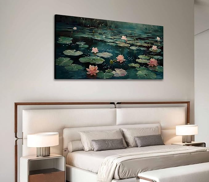 ADJUVANT Wall Art Impressionist Water Lily Pond 48" L x 24" W, Pink Lotus Flowers on Dark Blue Water Canvas Painting Nature Artwork Prints Wall Decor for Living Room Bedroom Bathroom Home Office