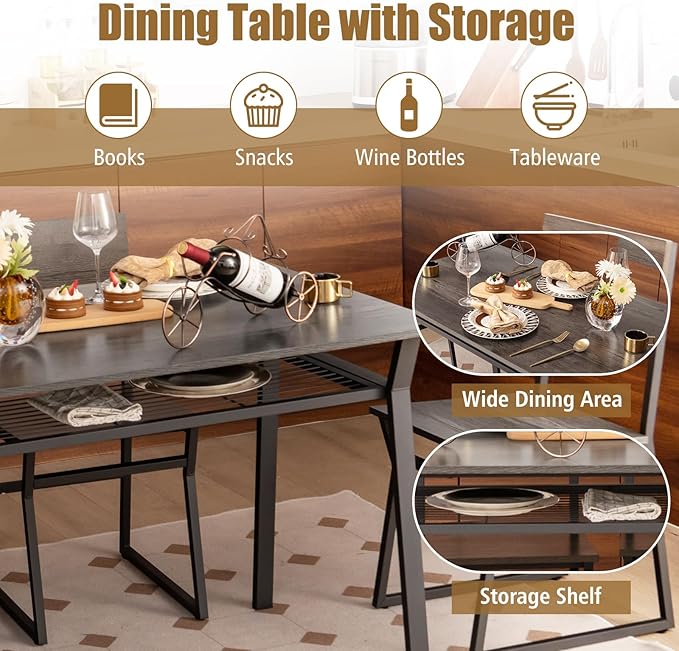 Giantex Dining Table Set for 4, 47”L x 28”W Rectangular Kitchen Table w/ 4 Trapezoid Chairs, Reinforced Metal Frame & Storage Rack, Industrial Space-Saving Dinette Set for Kitchen Dining Room (Grey)