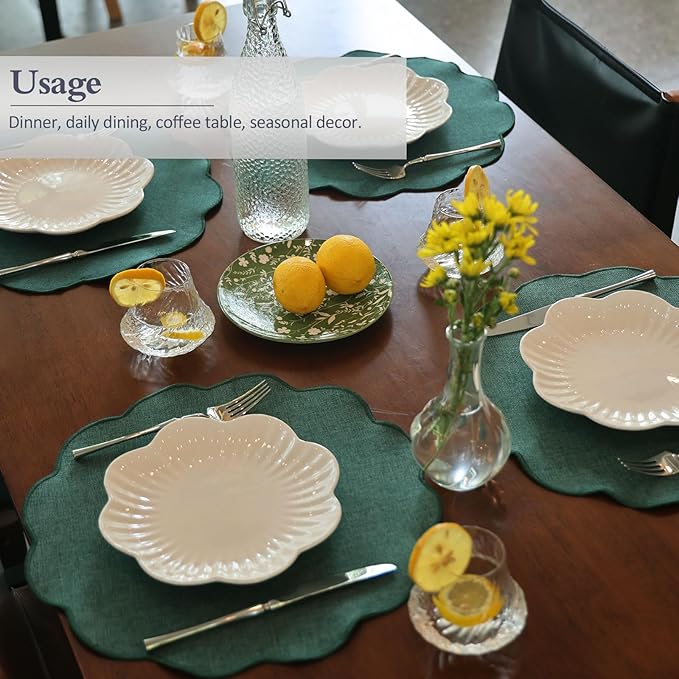AHHFSMEI Round Faux Linen Placemats Set of 6 Waterproof Table Mats Heat Resistant Non-Slip and Stain Proof for Kitchen Dining Elegant Decor (Forest Green,6)