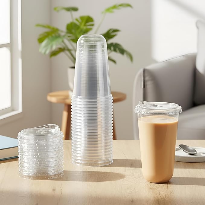 25 Sets 18 oz Clear Plastic Cups with Strawless Sip Lids, Thickened Clear Disposable Plastic PET Crystal Cups for Iced Coffee, Smoothie, Cold Beverage, Drink Shops and Party Catering