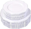 WDF 100pcs Silver Plastic Plates - High-end Baroque Design - Heavy Duty White &Silver Plates for Christmas Upscale Parties &Wedding