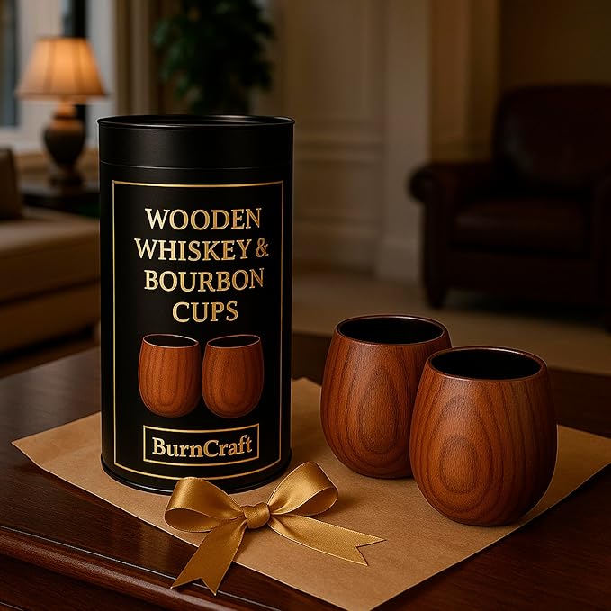 Charred Wooden Bourbon Whiskey Drinking Glasses – Oak Whiskey Tumbler Set of 2 | Bourbon Gifts for Men, Husband, Dad or Brother | Unique Wooden Whiskey Cups (10 oz) | Premium Bourbon Gift Set