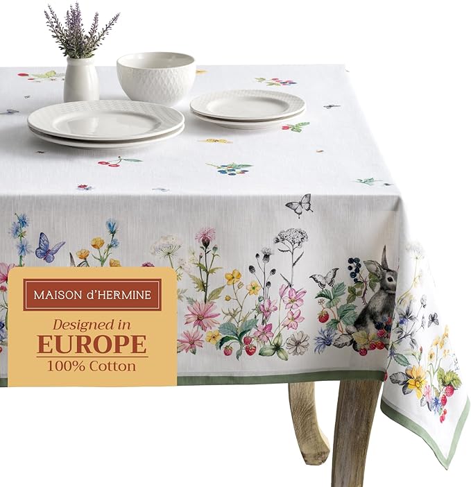 Maison d' Hermine Table Cloth Rectangle Table 100% Cotton 54 x 72 Inches Tablecloth Reusable Decorative for Dining Room Farmhouse Home Valentines Day Decorations Spring Summer - Printemps