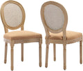 Vintage French Rattan Dining Chairs Set of 2, Round Back Accent Chairs with Rattan Backrest and Upholstered Linen Seat, Solid Wood Frame Sillas de Comedor for Dining Room & Kitchen, Camel