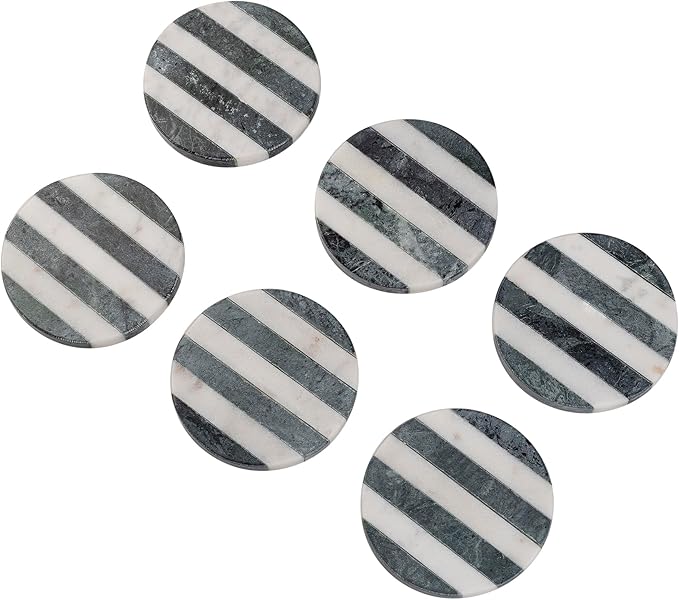 GoCraft White Marble Coasters with Green Striped Inlay – Set of 6 Round Handcrafted Drink Coasters – Elegant Stone Coasters for Beverages, Wine, Coffee, and Bar Glasses – Tabletop Protection