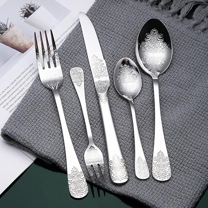 IKXO Silverware Set 60 Piece Silver Flatware Set for 12,Stainless Steel Flatware Cutlery Set For Home Hotel, Kitchen Utensils Set Include Fork Knife Spoon,Mirror Polished,Dishwasher Safe