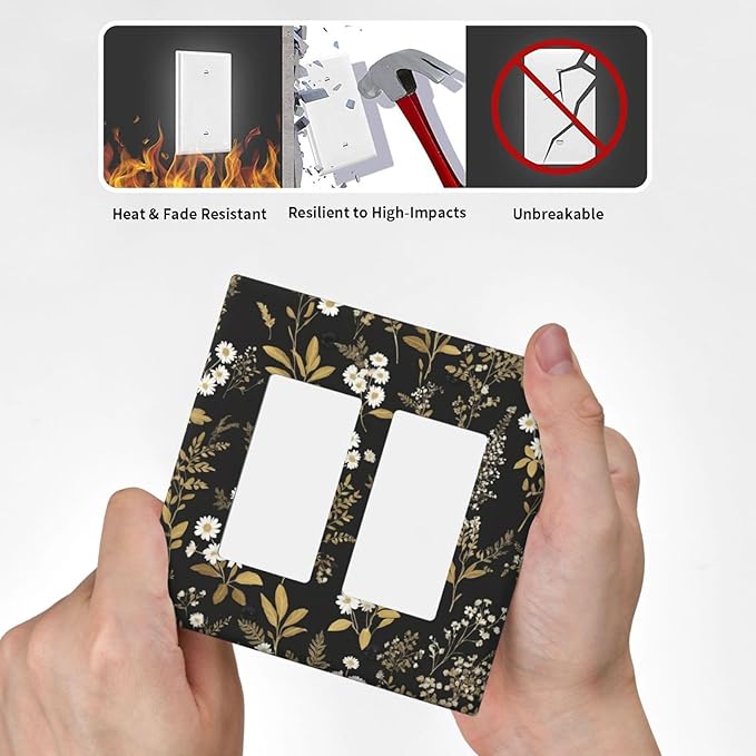 Outlet Covers Black/Gold Boho Botanical Floral Rustic Flowers 2 Gang Light Switch Cover Double Rocker Wall Plate Decorative GFCI Receptacle Electrical Switchplate for Bathroom Kitchen（2 Pack）