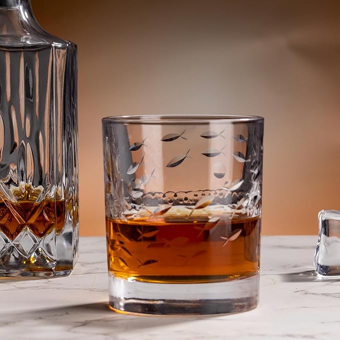 SHOSHIN Premium Hand Cut Whiskey Glasses (13 OZ, Set of 4) - Handmade Double Old Fashioned Scotch Glasses - Gift for Bourbon Lovers - Style Glassware for Rum - Fish Pattern set of 4