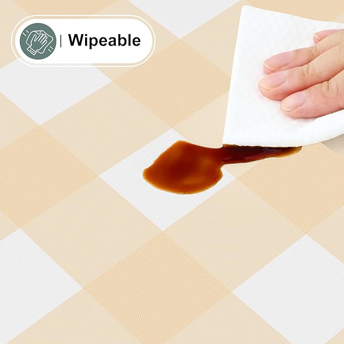 misaya Rectangle Waterproof Vinyl Table Cloth, Buffalo Flannel Backed Tablecloth, Wipeable Plastic Table Cover for Dinner, Kitchen, Outdoor (60" x 102", Beige and White)