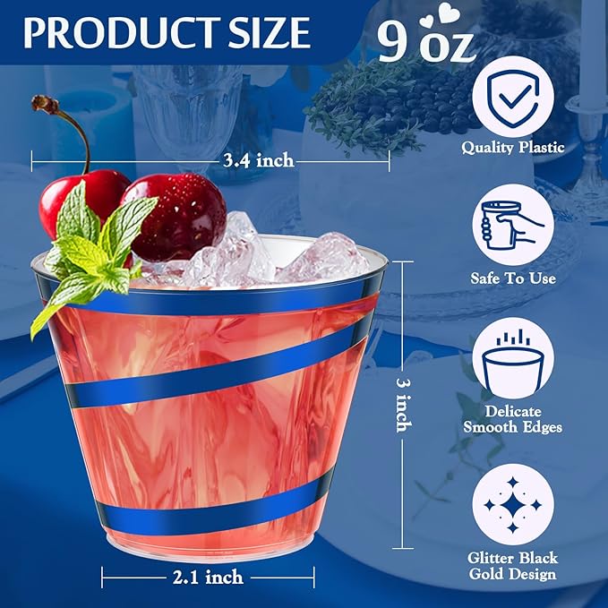 Gejoy 9 oz Rimmed Swirl Plastic Cups Disposable Wine Drinking Cups Clear Elegant Halloween Tumblers for Christmas Party Supplies(Blue,50 Pcs)