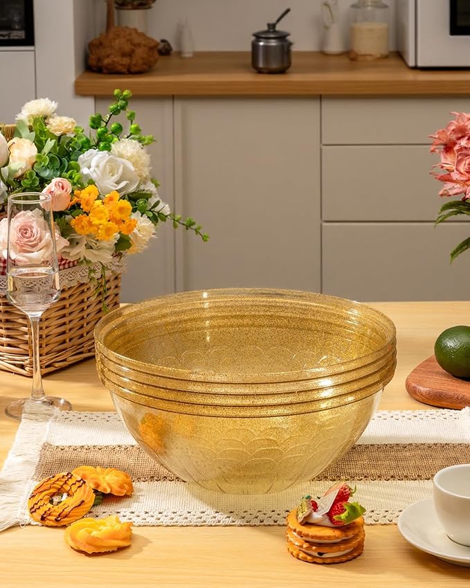 BESTVIP 150oz Glitter Gold Plastic Serving Bowls for Party, 4 Pack 11.6inch Large Disposable Chips Bowl for Salad, Snacks, Candy Dishes for Parties, Christmas, Weddings & Holidays, Events, Reusable