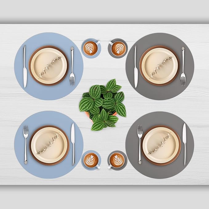 Myir JUN Round Placemats Set of 4 Faux Leather Place Mats and Coasters 15 inch Round Table Mats Dual Sided Non-Slip Stain Resistant Placemats (Gray & Sky Blue, Set of 4)