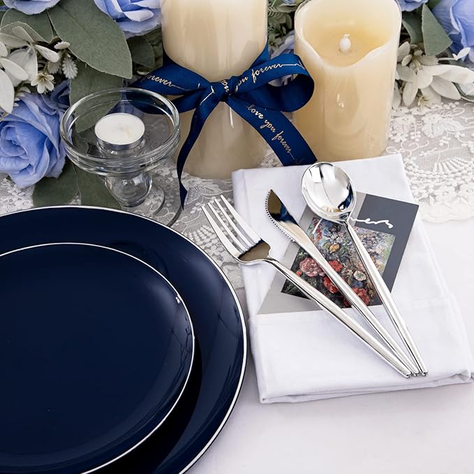 I00000 150Pcs Blue Plastic Plates,Hanukkah Plastic Plates,Navy Blue Disposable Plates with Silverware include 30 Dinner Plates10.25,30 Dessert Plates10.25,90 Silver Silverware Set for Party