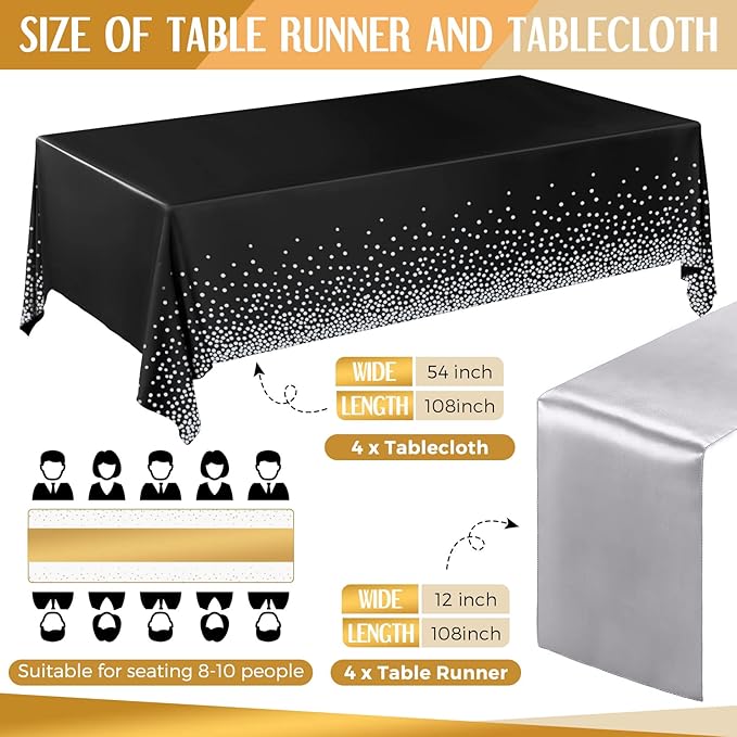 Breling 8 Pack Black and Silver Disposable Plastic Tablecloths and Satin Table Runner Set, 54 x 108 Inch Tablecloth, 12 x 108 Inch Table Runners for Wedding Graduation Birthday Baby Shower New Year