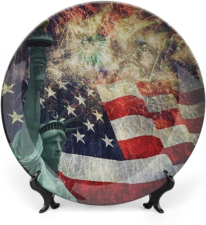 Ceramic Plates, American Flag Decorative Ceramic Plates, Fireworks 4th of July, 8 Inch, for Dining, Parties, Wedding, Multicolor
