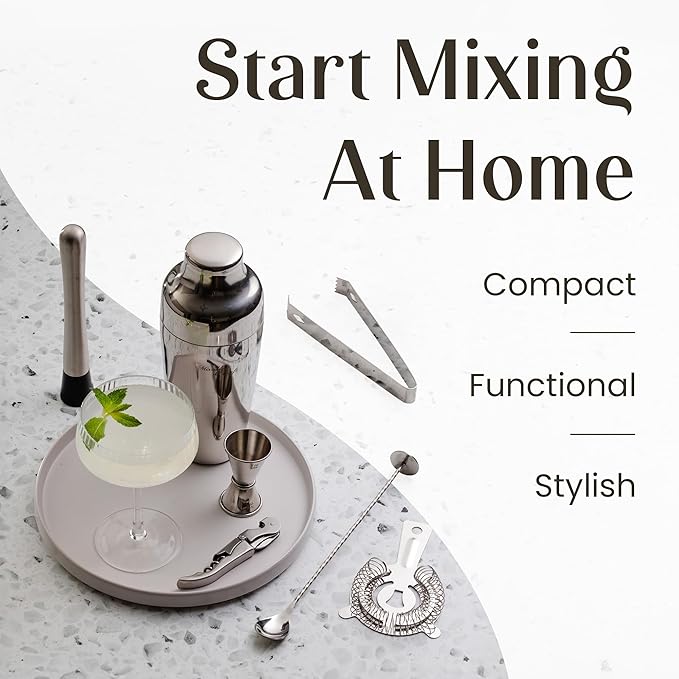 Mixology & Craft Cocktail Shaker Set with Bamboo Stand - Professional 10-Piece Bartender Kit - Complete Bar Set & Cocktail Mixer Kit for Home (Silver)