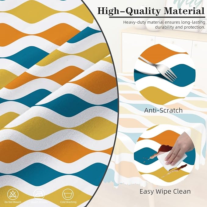Laeacco 60 Inch Geometric Round Tablecloth Blue and Orange Waved Stripes Modern Abstract Art Print Table Cloth Washable Waterproof Wrinkle Free Table Cover for Kitchen Dining Picnic Party Decoration